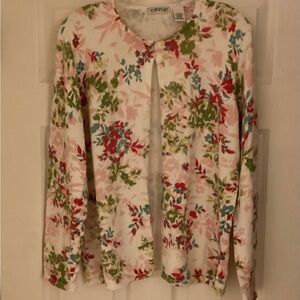 Orvis Green and Pink Floral Knit Cardigan